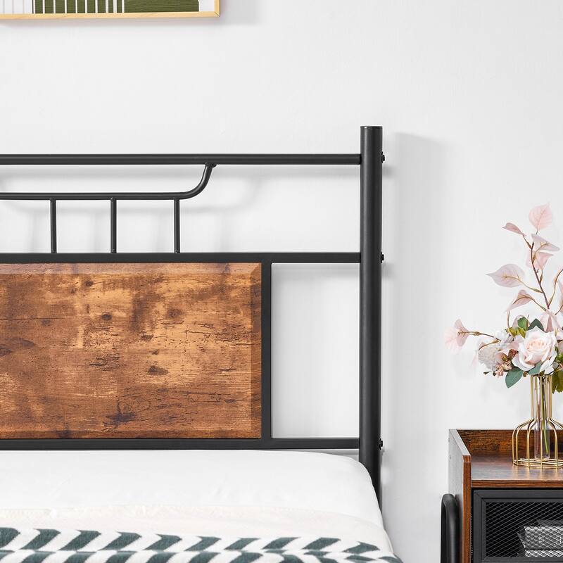 VECELO Industrial Bed Frame with Wood Headboard,Twin/Full/Queen Size Bed, Black/Brown/Slate-3 colors