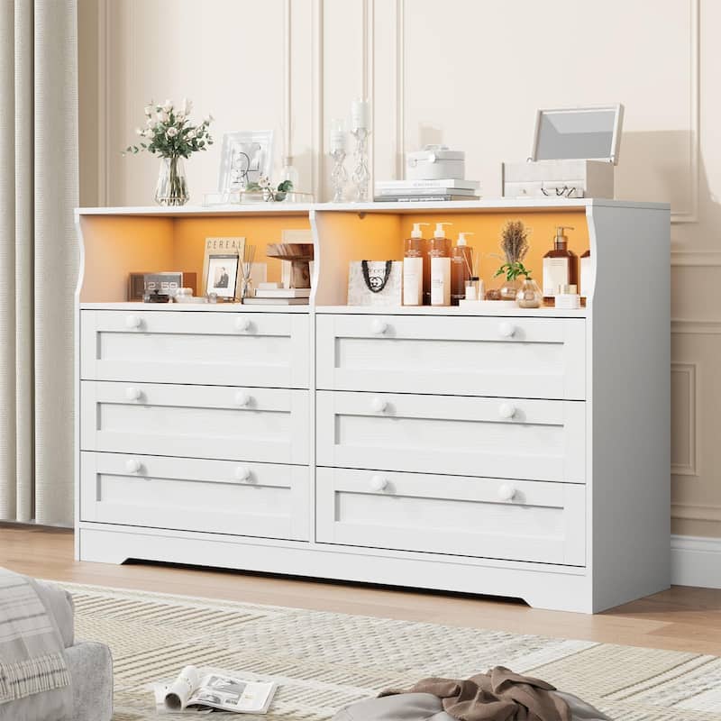 6 Drawer Dresser with RGB LED Lights, Power Outlet & 2 Open Shelves