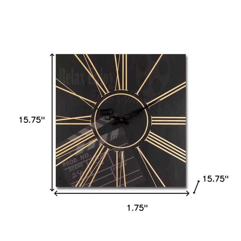 HomeRoots Set of Two Black And Gold Wood Analog Square Cinema Wall Clocks - 15.75' X '15.75' X '1.75