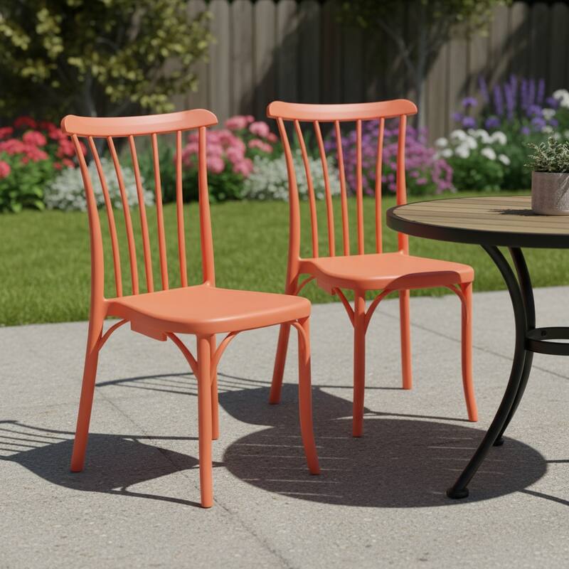 HomeRoots Set of Two Salmon Heavy Duty Plastic Outdoor Stacking Dining Chairs