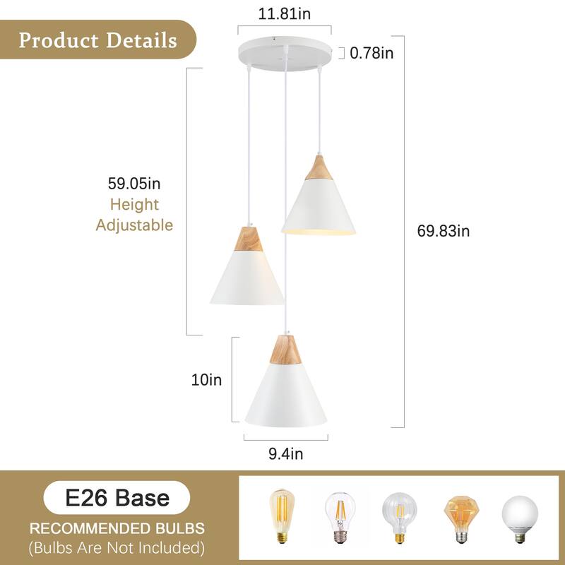 3-Light 9.4"W Metal Wood Island Pendant Lights for Kitchen Living Room