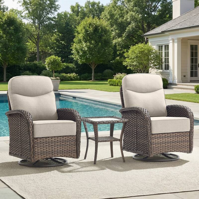 Pocassy Outdoor Wicker Patio Swivel Chair with Ottoman Sets - Brown Wicker Beige Cushion - 3-Piece Swivel Chair  with Side Table