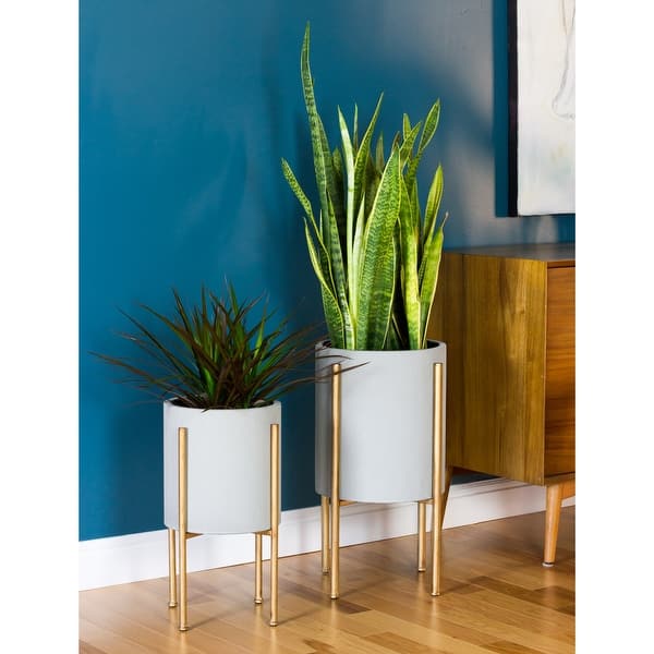 slide 1 of 8, Nabila Grey/Gold Metal Mid-century Planters (Set of 2) - 23"h x 12.5"w x 12.5"d / 19"h x 10.5"w x 10.5"d