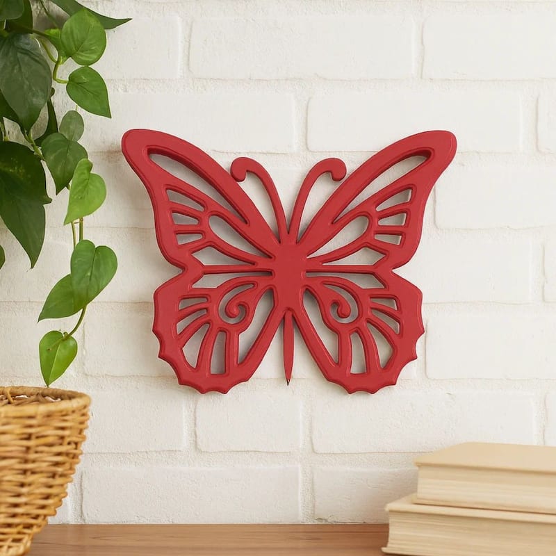 Set of 2 Wooden Butterfly Wall Plaque with Cutout Detail, Red