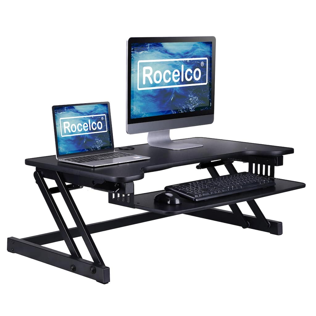 Rocelco 37.5 in. W Black Height Adjustable Standing Desk Converter Keyboard Tray Double Monitor Riser Computer Workstation