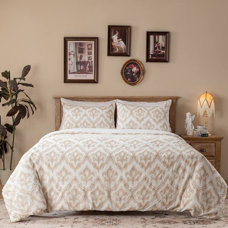 Queen, King Textured Floral Cotton Jacquard Duvet Cover 3pc Set with Ties & Snaps - Queen
