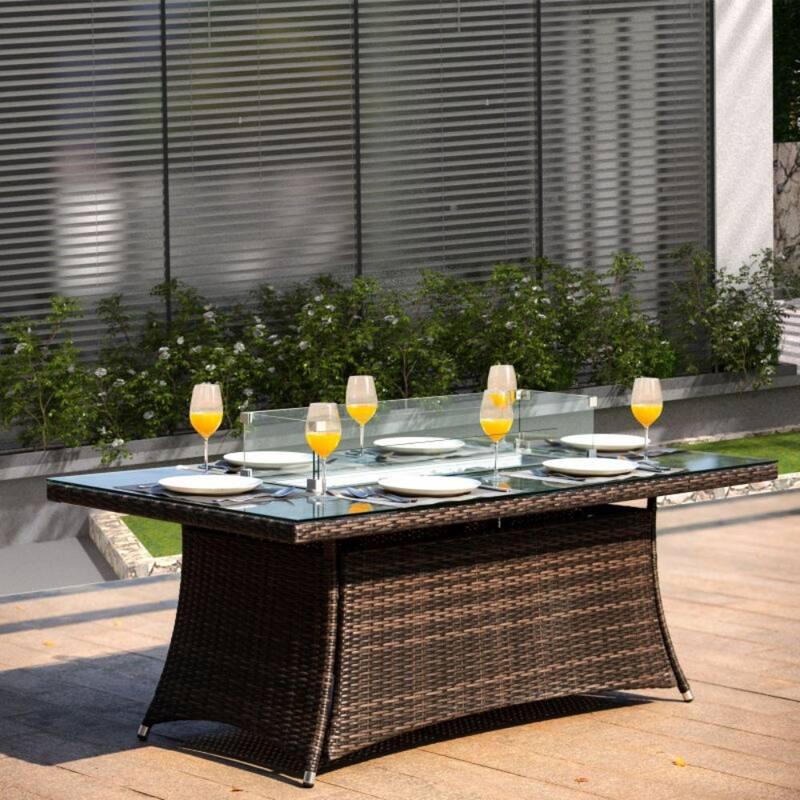 Outdoor Wicker Patio Rectangle Gas Fire Pit Table Set with 6 Chairs by Moda Furnishings (Including Rain Cover)