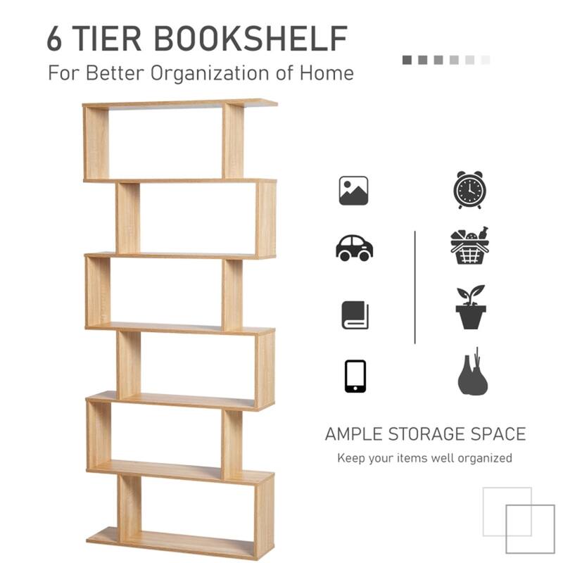 Oak Engineered Wood S-Shaped 6-Tier Bookshelves Shelf with Anti-Tip Design - 31.5" L x 9" W x 75.5" H