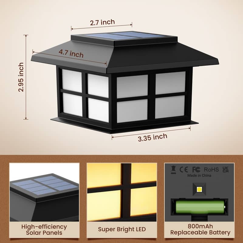 FKHouse Solar Warm White 4x4 5x5 6x6 Fence Deck Post Lights, Waterproof, Black