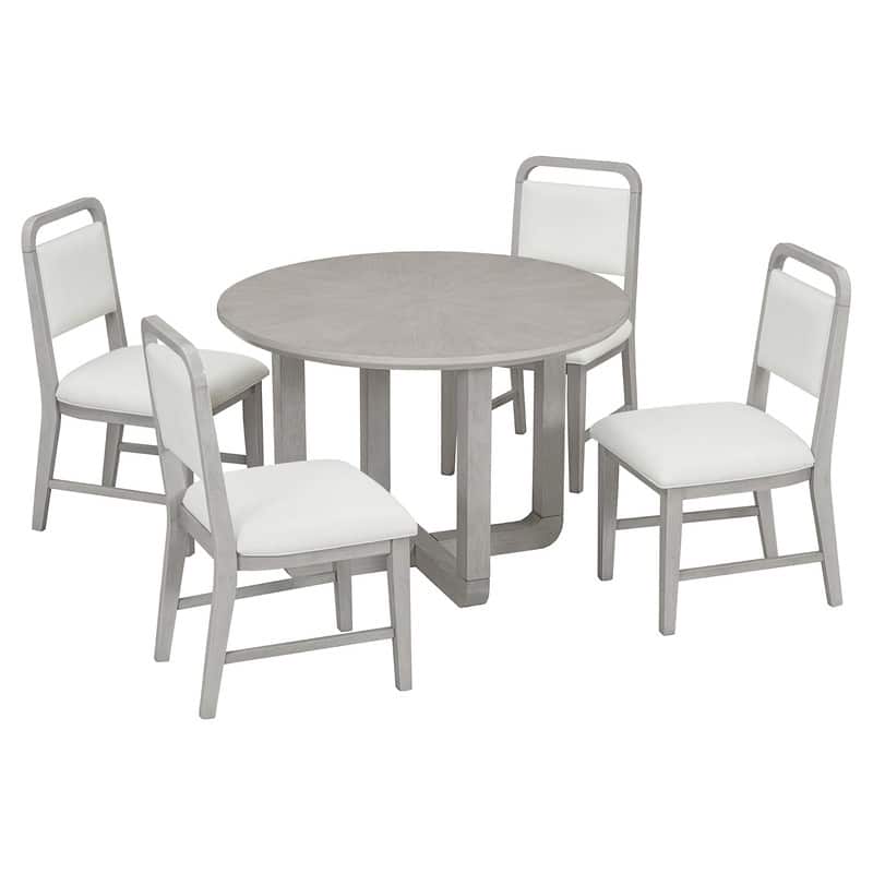 5-Piece Round Dining Table Set for 4 with Upholstered Chairs, Wood Dining Table Set with Radial Wood Grain Design Top