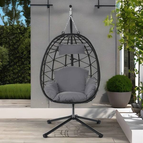 slide 2 of 6, Egg Hanging Basket Chair with Stand for Bedroom Balcony Dark Gray