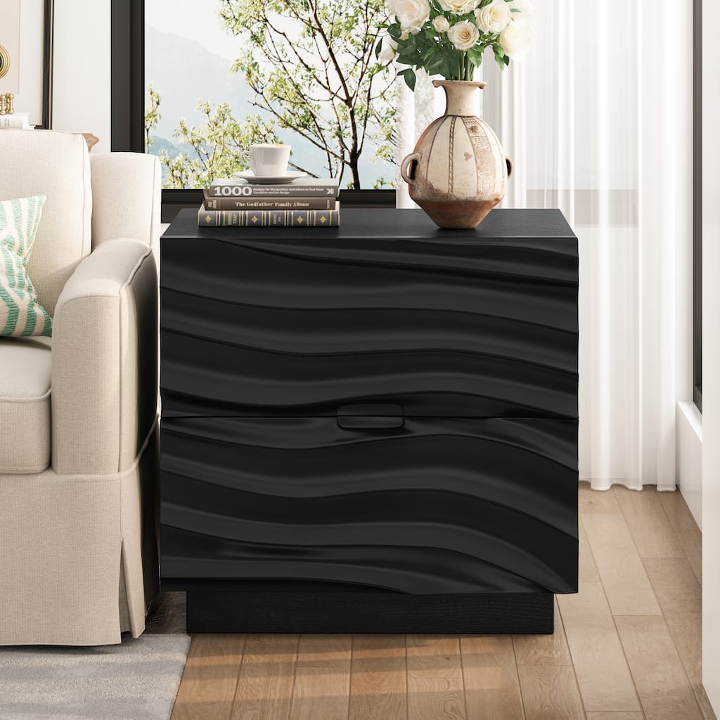 Solid Wood Nightstands, Bedside Table with 2 Drawers, No Handles, Sofa End Table for Living Room, Bedrooms