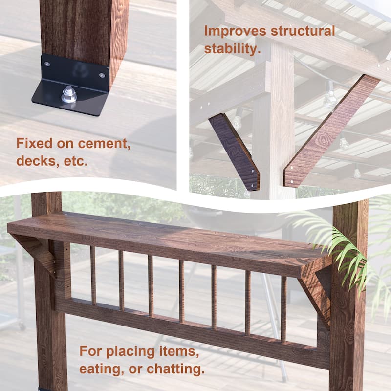 Pergola Grill Gazebo with Metal Roof, Bulbs & Bar Counters for Outdoor BBQ