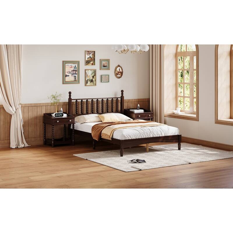 Wood Platform Bed Frame with Gourd Shaped Headboard, Retro Style Low Profile Bed with Wooden Slat Support, No Box Spring Needed