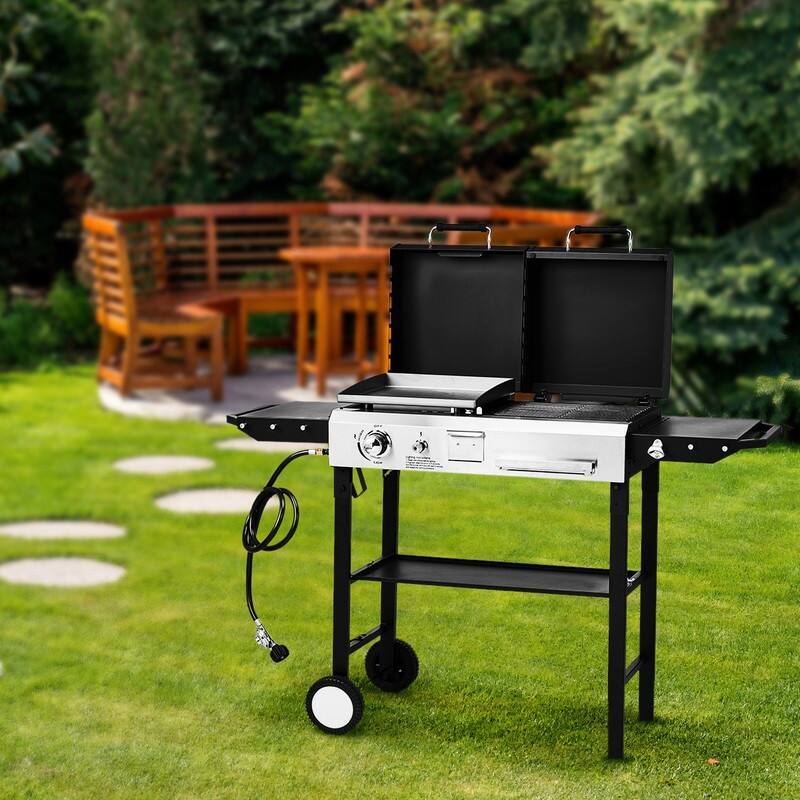 2-In-1 Propane Gas Grill And Charcoal Grill Combo 12000btu Flat Top Griddle & Charcoal BBQ Grill With Lid - N/A