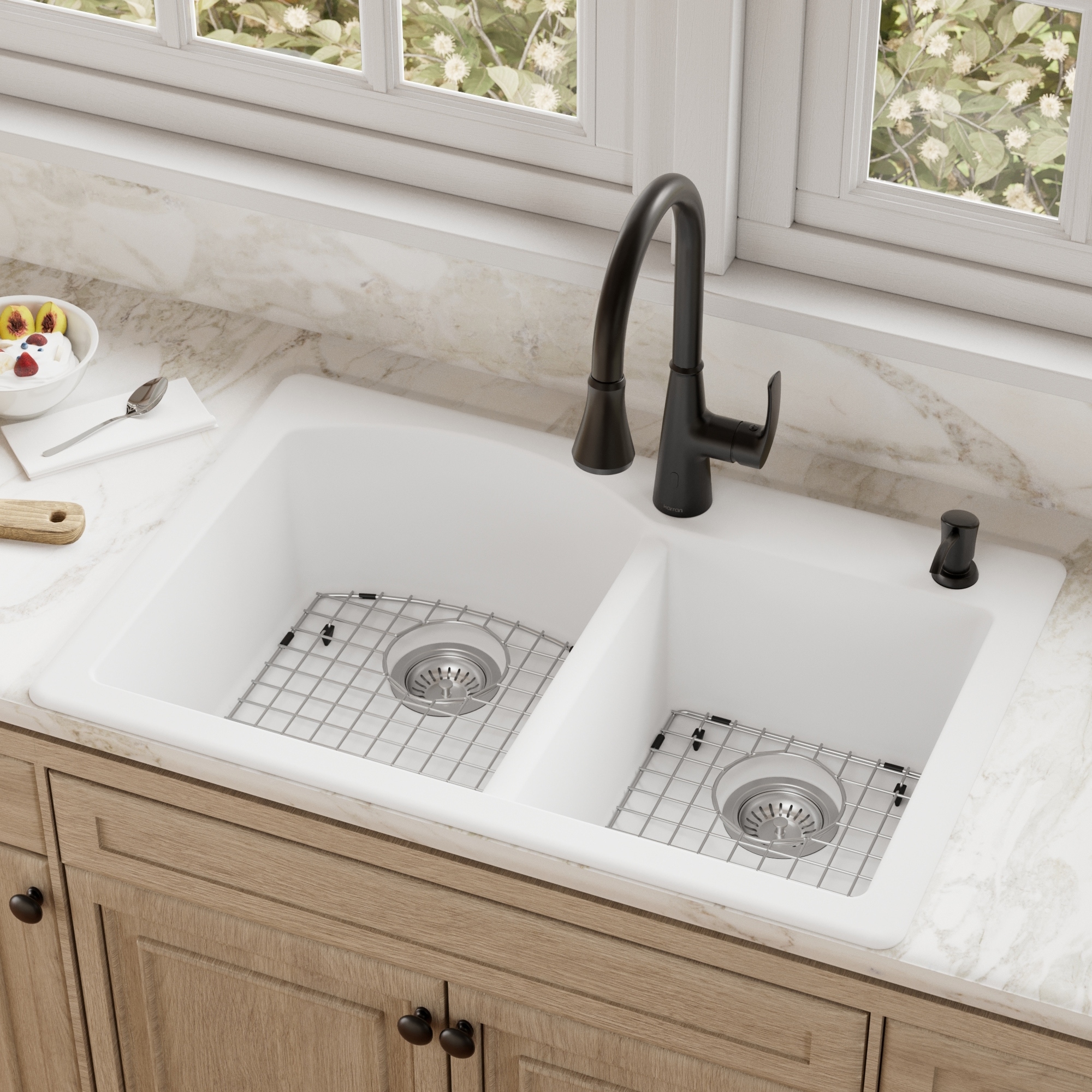 Karran Drop-In Quartz 33 in. 1-Hole 60/40 Double Bowl Kitchen Sink Kit