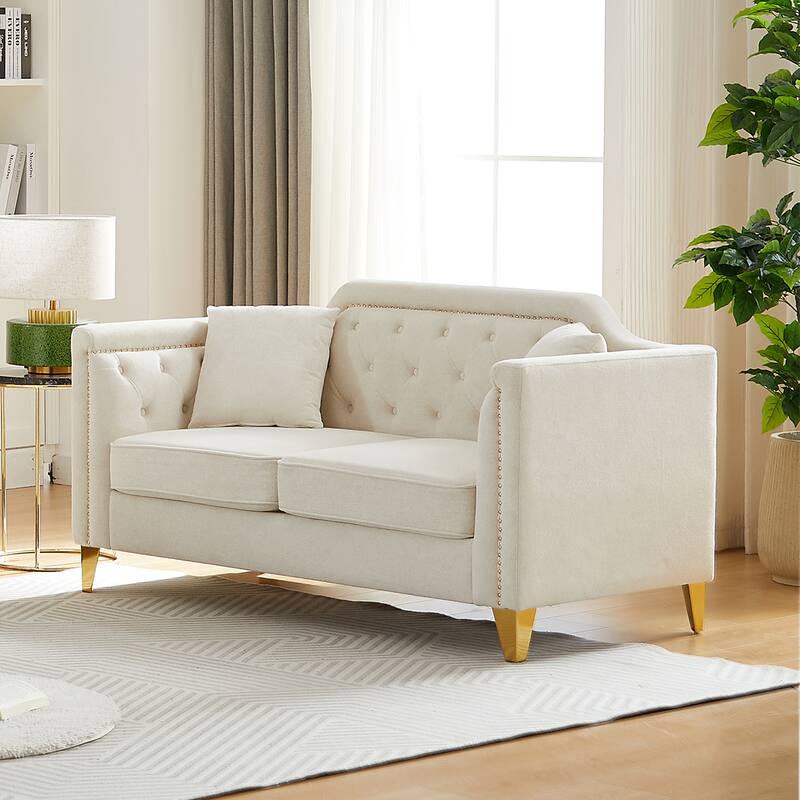 Chenille Fabric Sofa with Gold Metal Legs, Button Tufting, and Brass Nail Detail