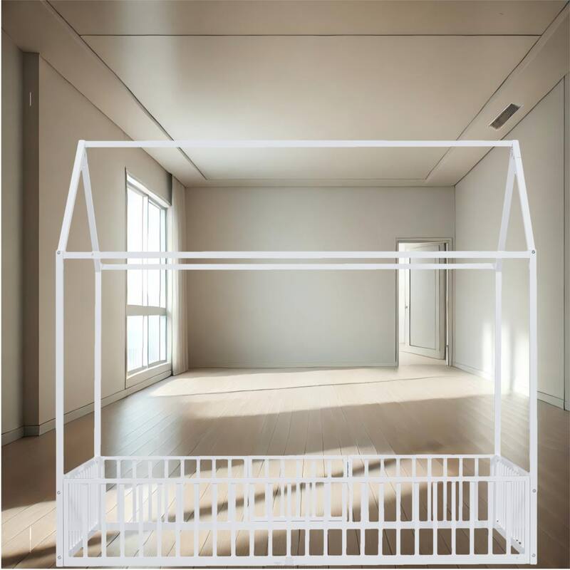 Creative House Design Twin/Full Size Metal Bed with Guardrails and Playful Fence - Ideal for Kids' Bedroom - White - Twin