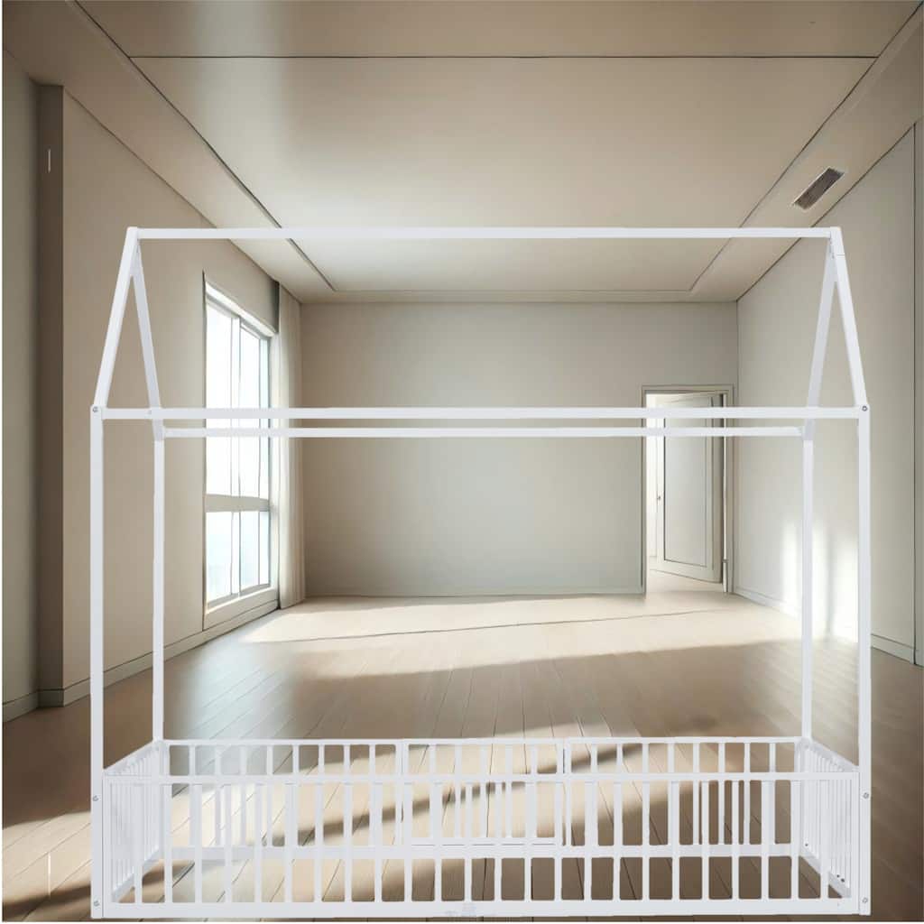 Creative House Design Twin/Full Size Metal Bed with Guardrails and Playful Fence - Ideal for Kids' Bedroom