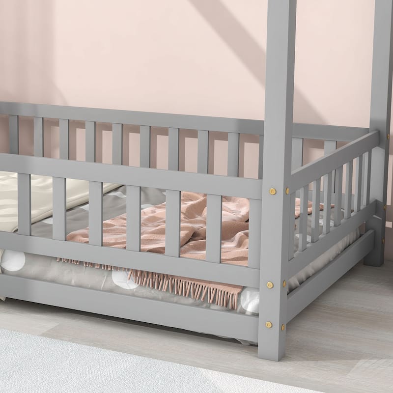 Grey Twin Size Wooden Floor Bed with House Roof Frame and Guardrails