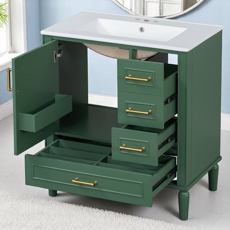 30" Bathroom Vanity with Sink, Freestanding Storage Cabinet with 3 Drawers, Soft-Close Door, Ceramic Basin,Bathroom Cabinet