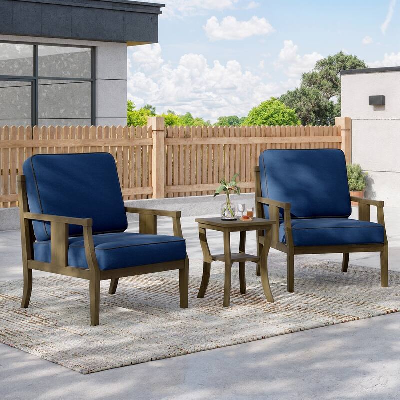 3-Piece Solid Teak Outdoor Patio Furniture Set Armchairs & Storage Table - Naturalframe-Navy - Natural Frame