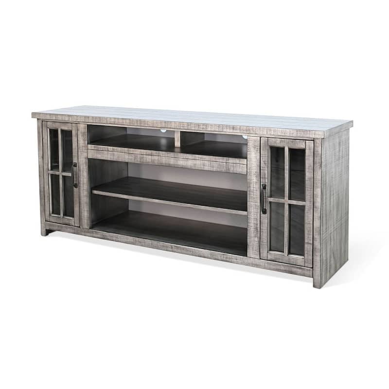 Leyla TV Stand Media Cabinet, 2 Glass Doors, Shelves, Gray Wood 76 Inch
