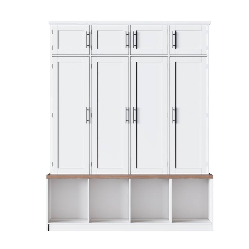 75"H Hall Tree with Walnut Storage Bench，Entryway Shoe Cabinet with Open Compartments and 8 Doors, 4 Hidden Hanging Hooks