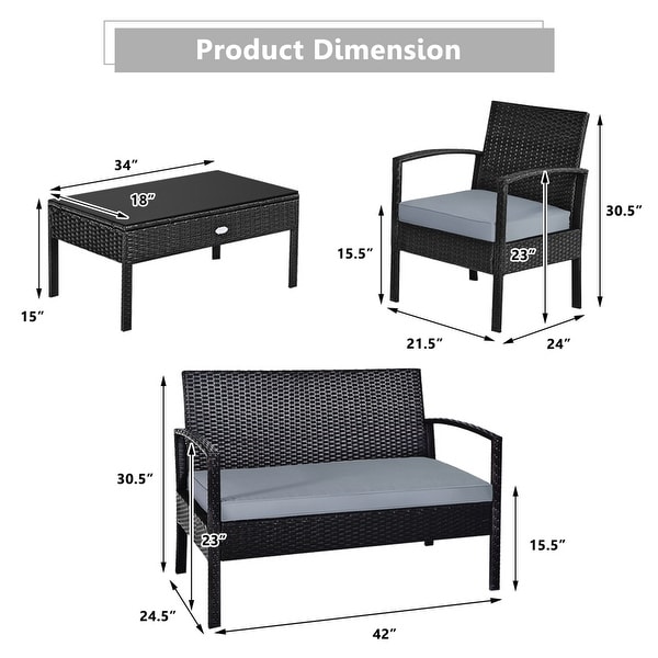 Gymax Patio Garden 4PC Rattan Wicker Furniture Set Black 4 Piece