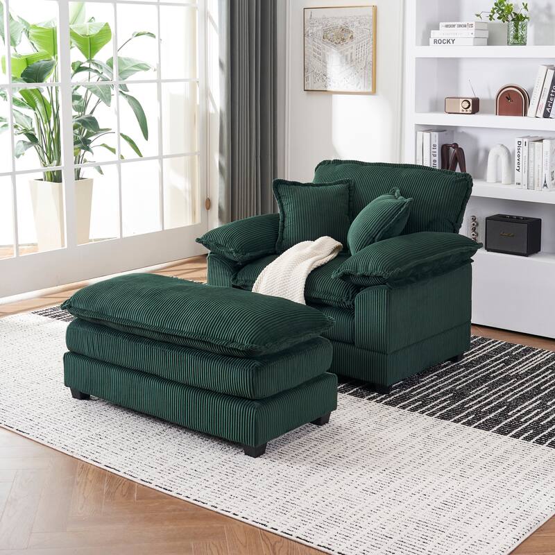 Deep Seat Accent Chair & Ottoman Set of 2, Reclining Sofa Chair, Corduroy Upholstered Chaise Lounge Couch with 2 Toss Pillows - Green