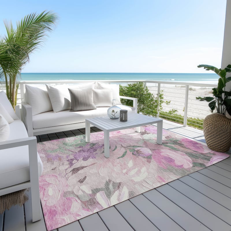 Machine Washable Indoor/ Outdoor Watercolor Floral Chantille Rug