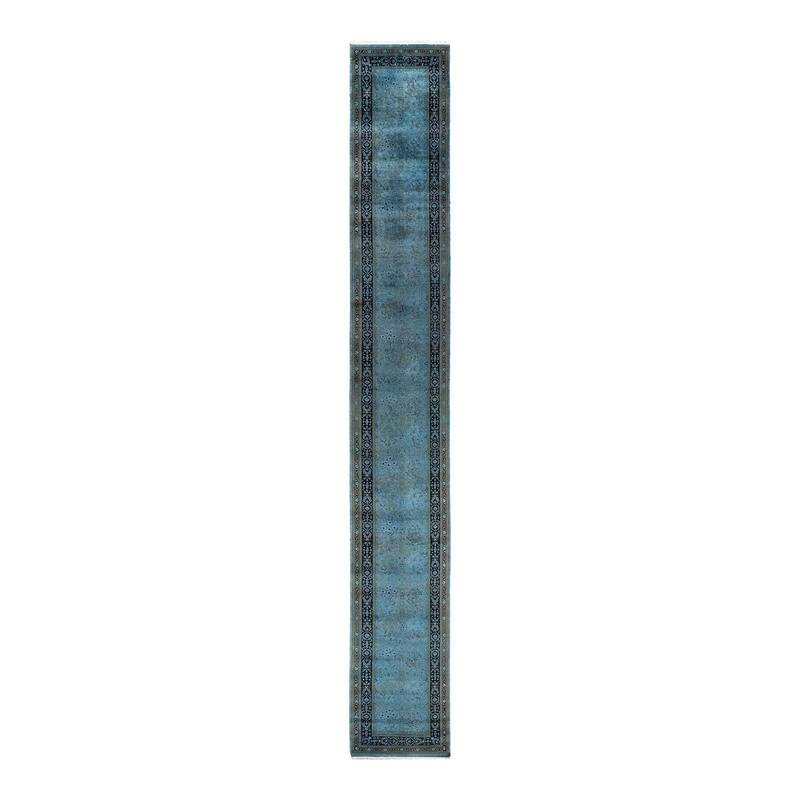 Overton Hand Knotted Wool Vintage Inspired Modern Contemporary Overdyed Blue Runner Rug - 2' 6" x 18' 1"