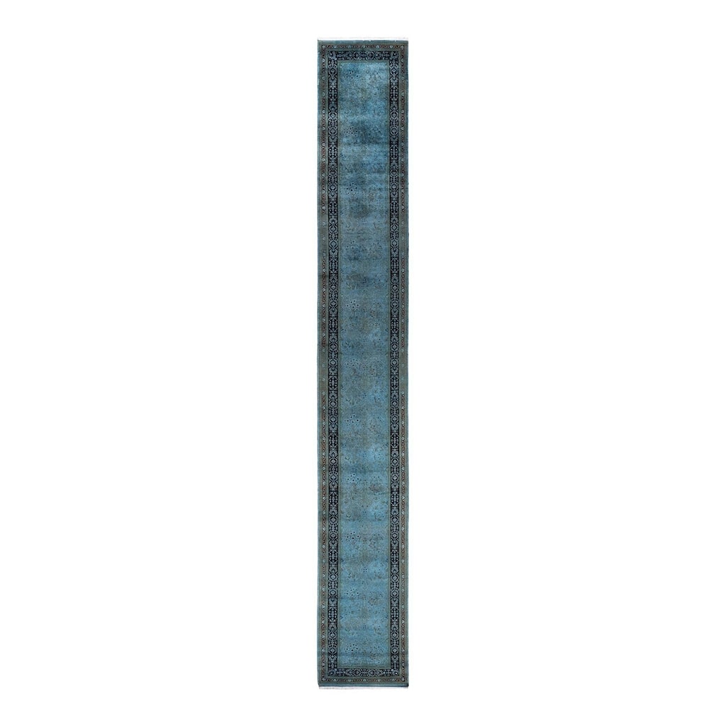 Overton Hand Knotted Wool Vintage Inspired Modern Contemporary Overdyed Blue Runner Rug - 2' 6" x 18' 1"