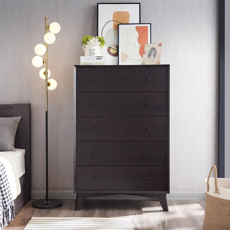 Mid-Century Modern 5 Drawer Dresser, Wood Chest of Drawers