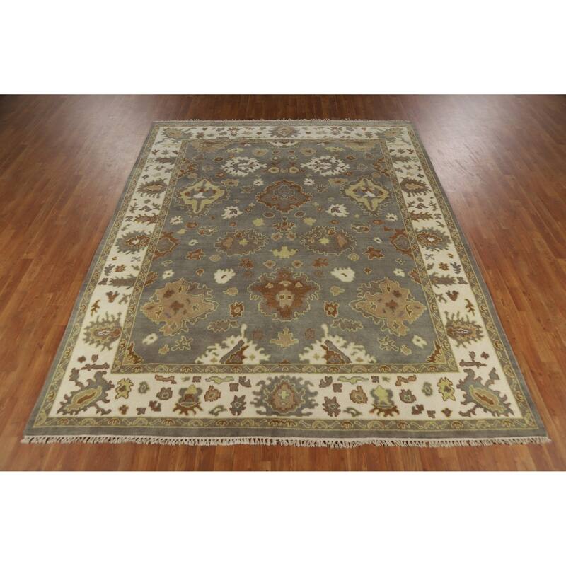 Gray Oushak Indian Area Rug Hand-Knotted Transitional Wool Carpet - 8'1" x 10'2"