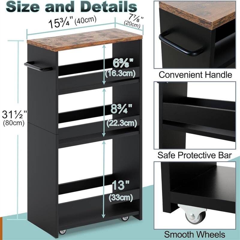 Storage Cart 7.9" W 4Tier Black Kitchen Cart on Wheels