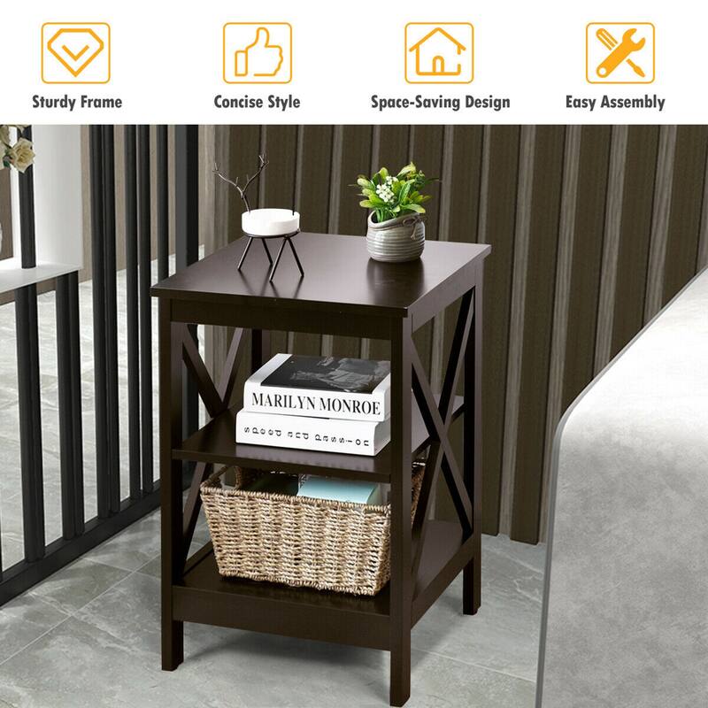Gymax 3-Tier Nightstand End Table X Design Storage Display Shelf