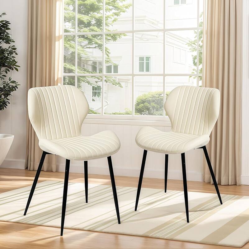 Mid Century Modern Upholstered PU-Dining Chairs with Metal Legs, Set of 2, Beige