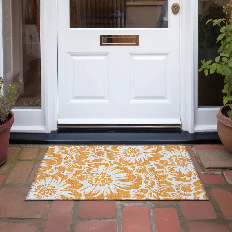 Machine Washable Indoor/ Outdoor Whimsy Floral Chantille Rug - Orange - 1'8" x 2'6"