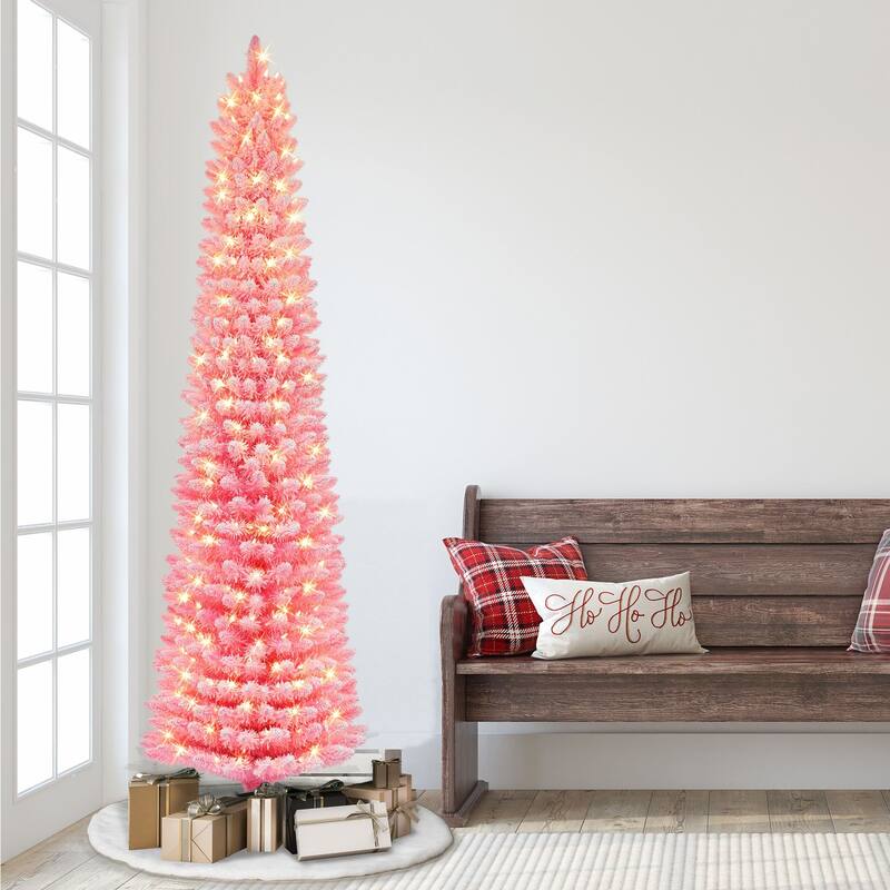 7.5' Flocked Fashion Pink Pencil Artificial Tree Clear Lights - 7.5 Foot
