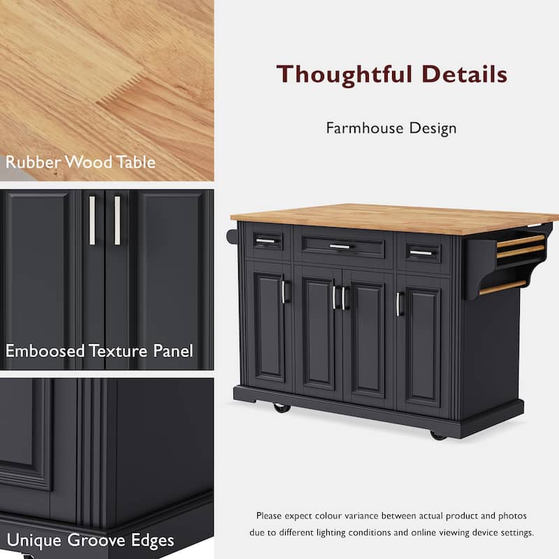 54" Large Rolling Kitchen Island with Rubber Wood Drop Leaf - Embossed Texture Storage Cart with 4 Doors & 3 Drawers for Kitchen