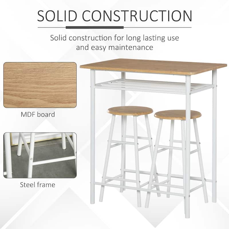 3-Piece Space-Saving Modern Bar Table and Stools Set with 2 Different Height Footrest for Pub