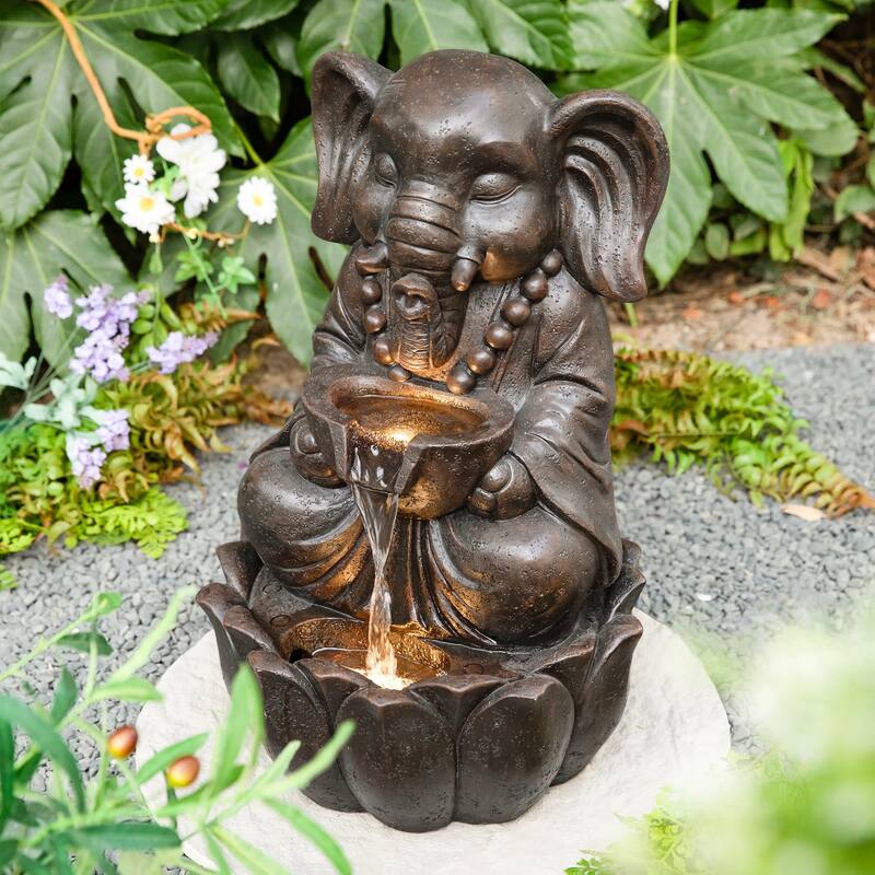 Glitzhome 21.75"H 2-Tiered Lighted Zen Style Frog Elephant Hippo Polyresin Outdoor Fountains