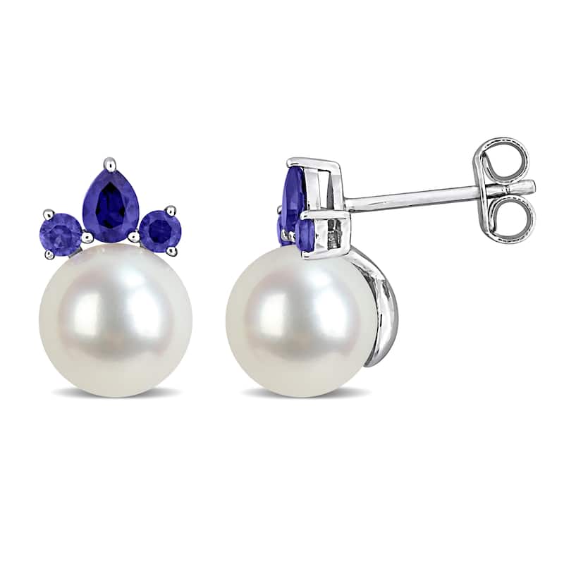 Miadora Cultured Freshwater Pearl and Gemstone Stud Earrings White or Yellow 14k Gold - Blue