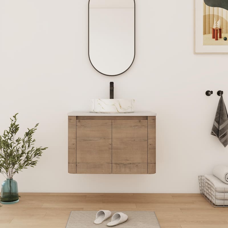 Bathroom Vanity With Sink In 24/30 Inch, Floating Bathroom Vanity With Soft Close Door - 29.5''W×18.6''D×24.4''H - Imitative Oak-White with golden lines 
