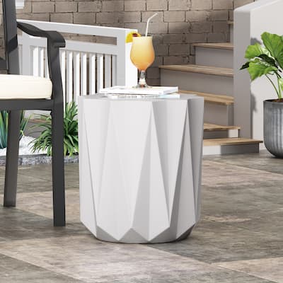Roomfitters Outdoor Lightweight Concrete Side Table, Geometric Accent Patio End Table, Antique White