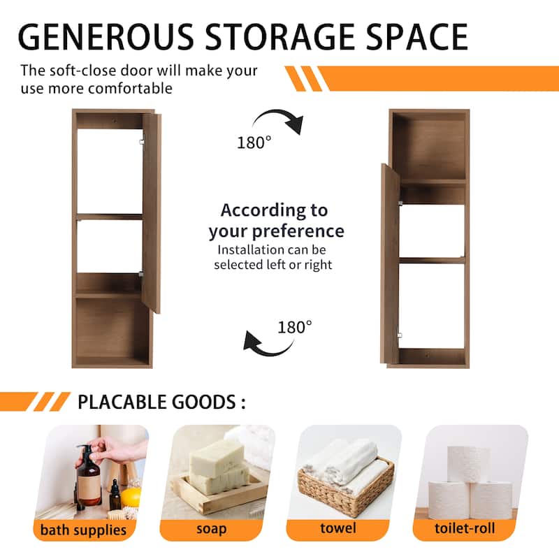 Bathroom Side Cabinet In 12/24 Inch, Floating Side Cabinet With Soft Close Door and Shelf