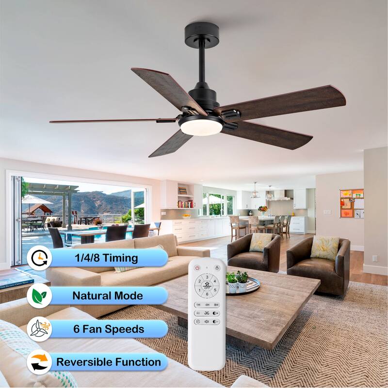 Smart 52" Indoor/Outdoor Ceiling Fan with Light, Dual Finish Black/Walnut 6-Blade, Remote & APP Control, Dimmable LED