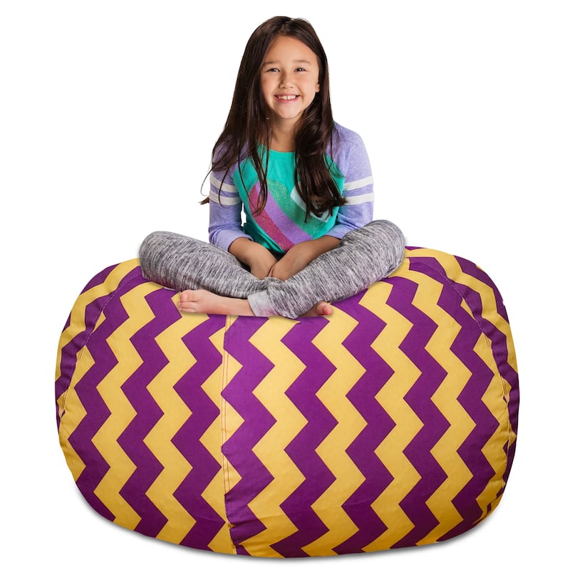 Kids' Stuffed Animal Storage Bean Bag Chair Cover or Toy Organizer - 48 Inches Extra Large - Pattern Chevron Purple and Yellow
