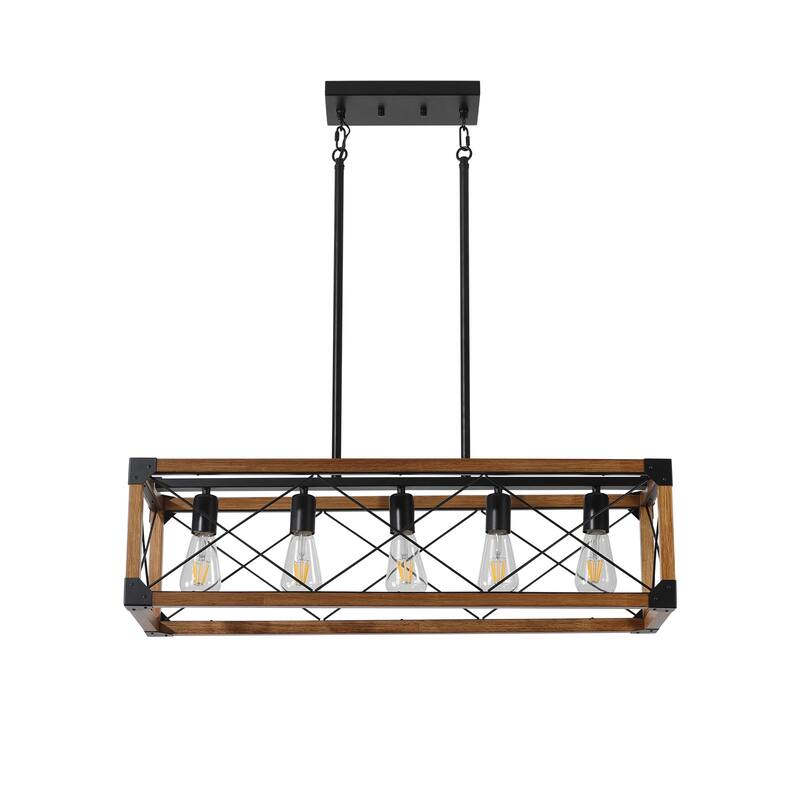 32" Industrial Farmhouse Rectangle Pendant Light, 5-Light Chandelier for Dining Room, Kitchen Island, Cafe Decor (No Bulbs)